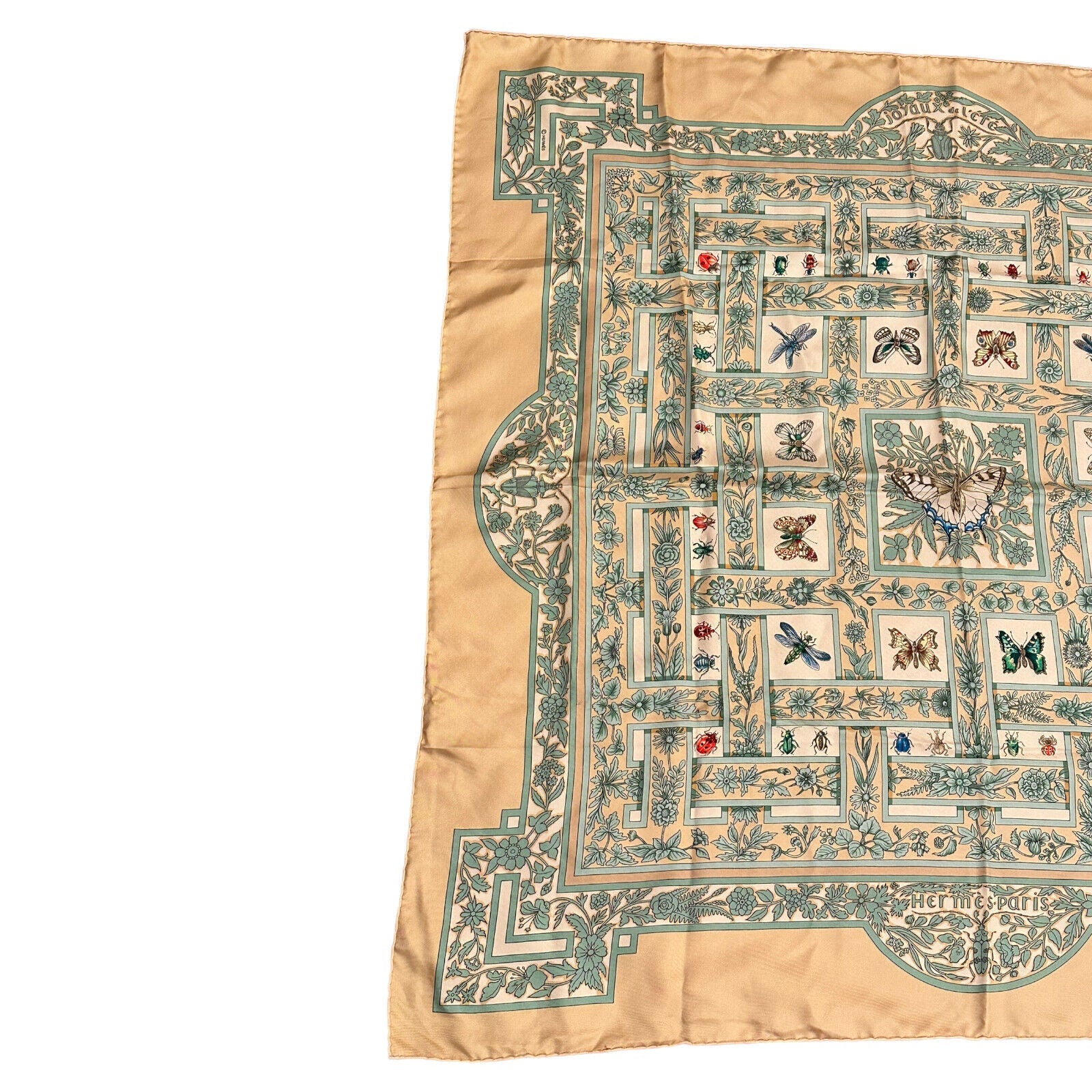 Authentic Hermes Carre Joyaux de L'ete Jacquelot 90cm Tan Silk Scarf - Luxury Fashion Accessory for Women, Perfect for Parties & Special Occasions