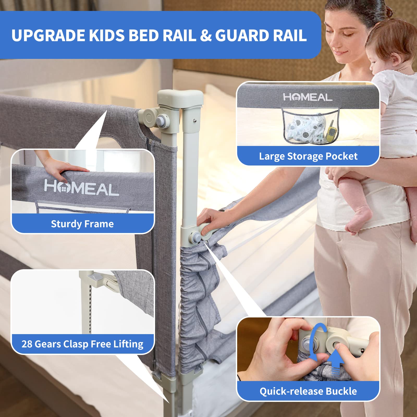 Toddler Bed Rail Guard for Twin Bed - Safety Bed Rail for Kids & Babies - Easy to Install, Sturdy Reinforced Design (Grey, 38.4 Inches) - Perfect for Toddler Transition to Big Kid Bed & Preventing Falls During Sleep