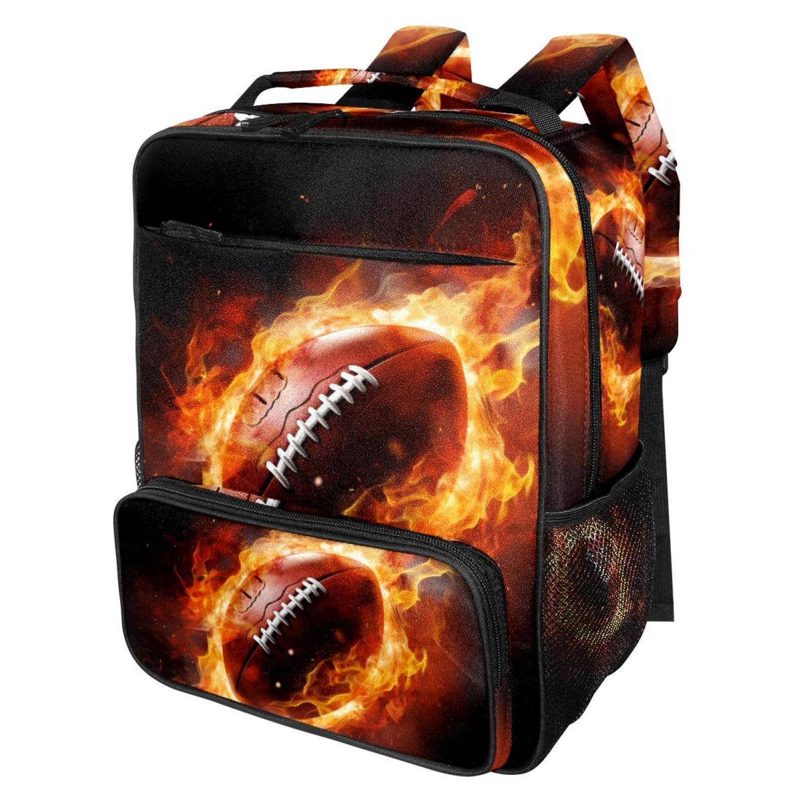 Stylish Travel Backpacks for Women & Men - Durable American Football Design with Flame Pattern - Perfect for College, Hiking, Work & Gym Use