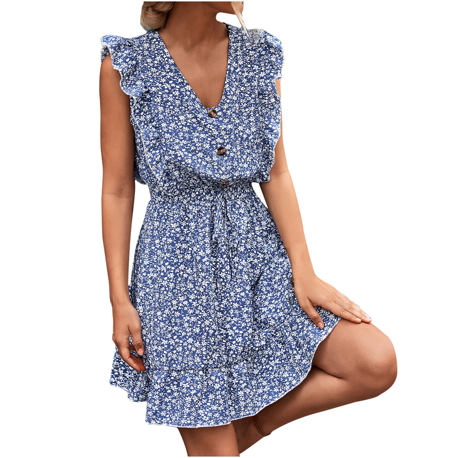 2022 Women's Summer Floral Bandage Dress - Sleeveless Flounced Edge Cocktail Midi Dress with Ruch Detail, Casual Loose Fit for Beach, Party & Vacation