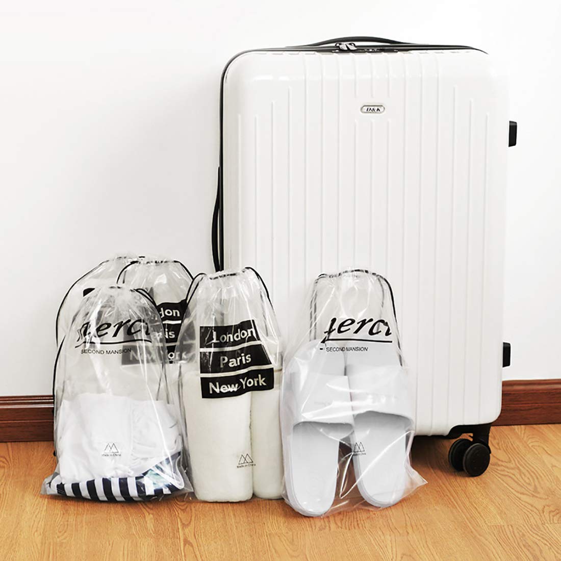 10 Pack Clear PVC Drawstring Bags - Waterproof Laundry Pouches & Shoe Storage Organizers for Travel, Gym, Home - Durable Luggage Packing Bags (Black) | Perfect for Clothes Storage, Sports Gear & Travel Essentials