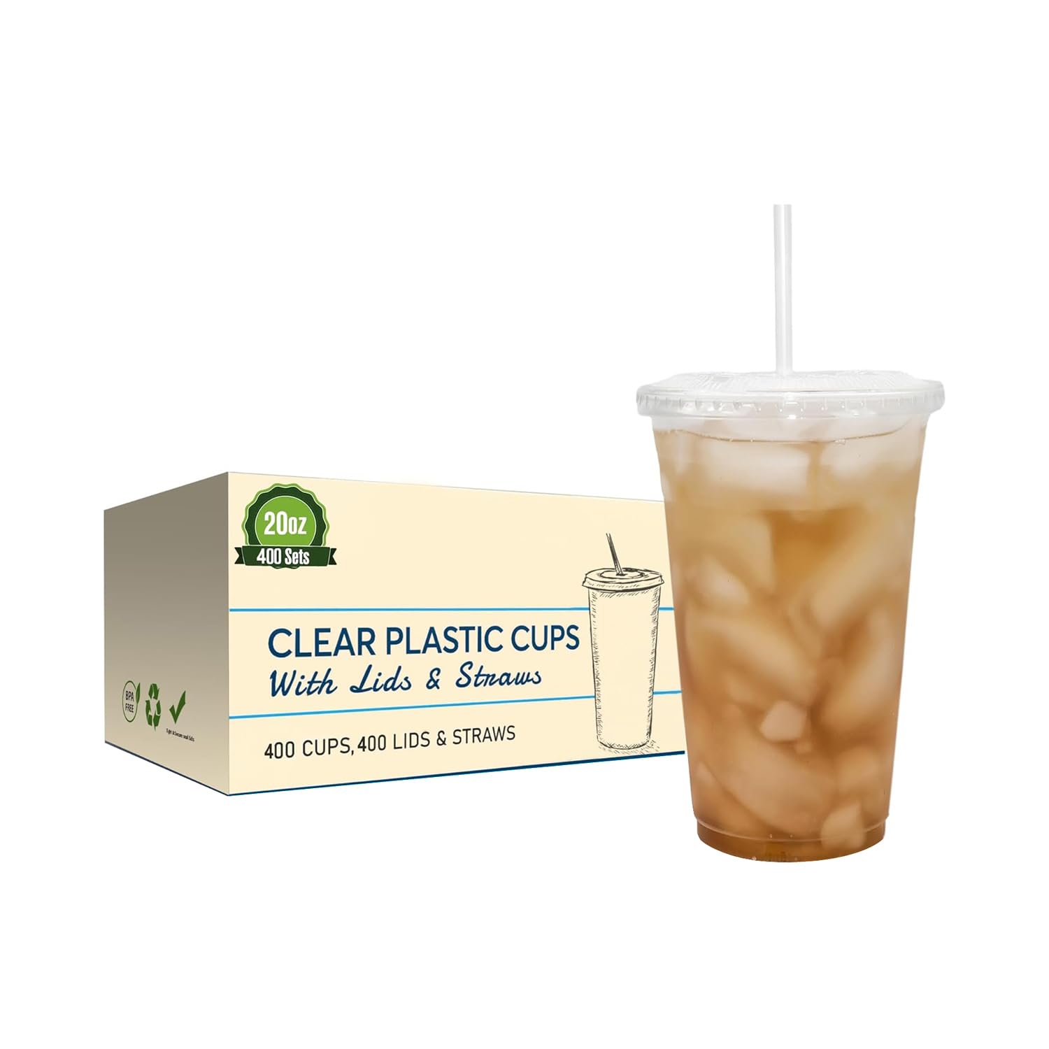SafeWare Disposable 20oz Clear Plastic Cups with Flat Lids and Straws - 400 Sets (4 Boxes of 100) - Perfect for Parties, Picnics, BBQs, and Beverage Service