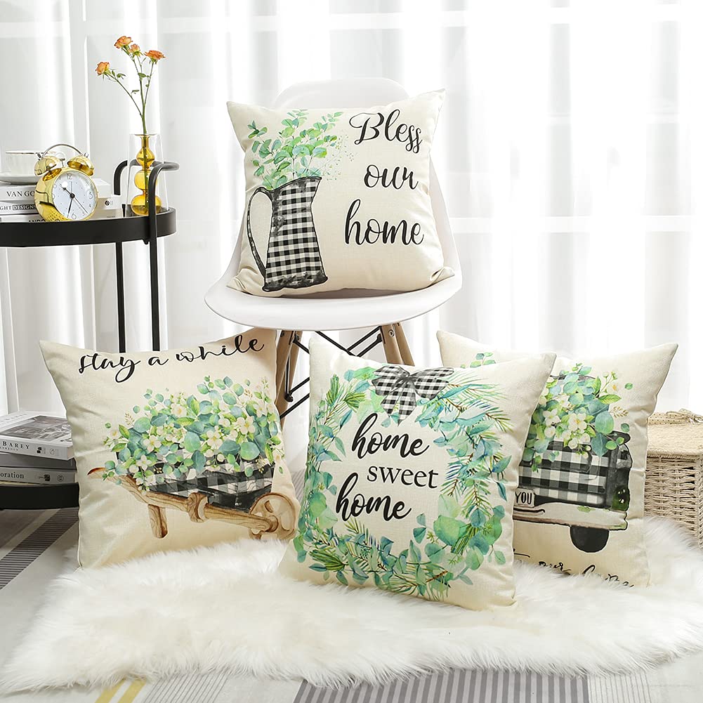 OTOSTAR Waterproof Outdoor Throw Pillow Covers - Pack of 4 (18x18 Inch) - Decorative Leaf Pattern Cushion Cases for Patio, Garden, Couch & Home Decor - Perfect for Spring, Summer & Holiday Seasons - Eucalyptus Design