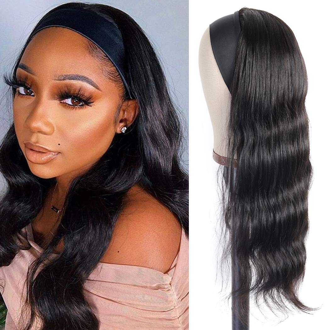 150% Density Glueless Human Hair Scarf Wig - Body Wave Headband Wig with Pre-Attached Scarf | No Lace Wear & Go Wig for Women | 22 Inch Natural Color | Perfect for Daily Wear, Parties & Protective Styling