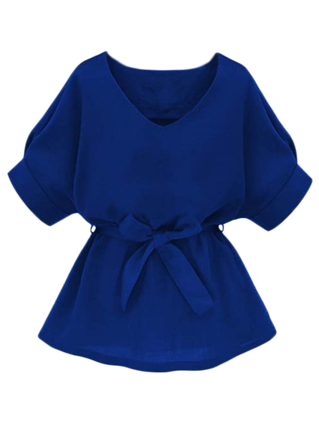 Milumia Women's Casual V-Neck Self-Tie Short Sleeve Blouse Tunic Top for Work | Office Wear, Business Casual & Summer Outfits