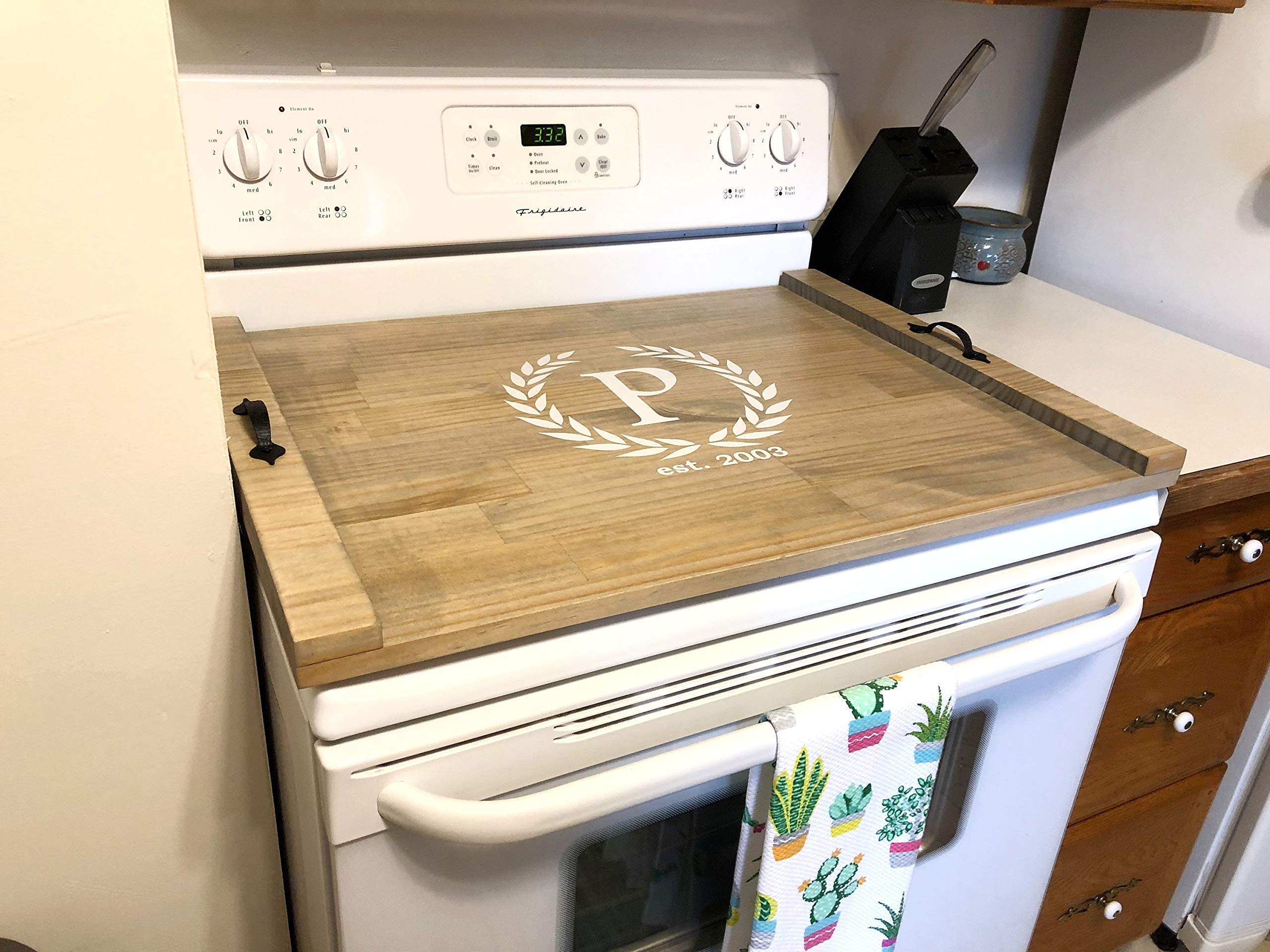 Rustic Wood Stove Top Cover - Decorative Wooden Tray for Stove - Personalized Kitchen Countertop Protector - Perfect for Farmhouse Style Kitchens & Holiday Decor