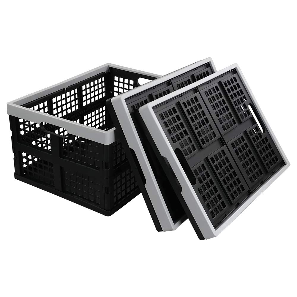 Kekow 28L Black Plastic Collapsible Storage Basket - 3-Pack Foldable Crates for Home Organization, Laundry, Toys & Closet Storage | Space Saving Design for Small Spaces
