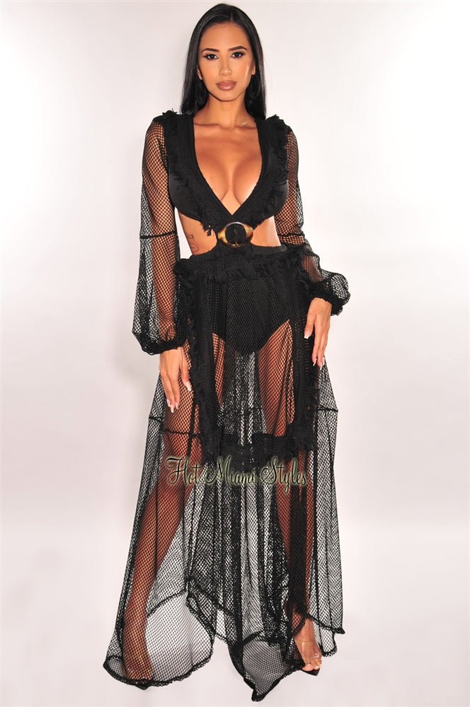 Elegant Black Fringe Cut Out Lace Up Back Long Sleeve Maxi Dress for Women - Perfect for Evening Parties, Date Nights & Special Occasions
