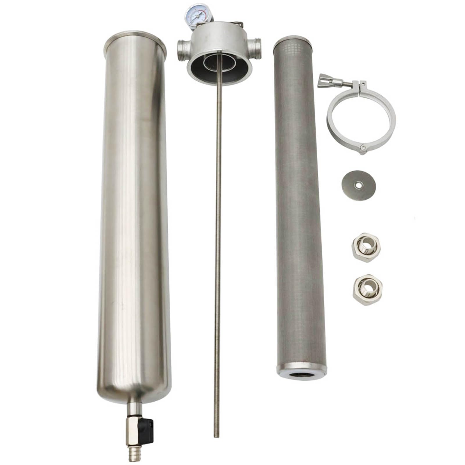 304 Stainless Steel 20-Inch Water Filter Housing with 40μm Filter Screen, 1-Inch NPT & Pressure Gauge – Whole House Water Filtration System for Clean Drinking Water, Kitchen, and Shower Use