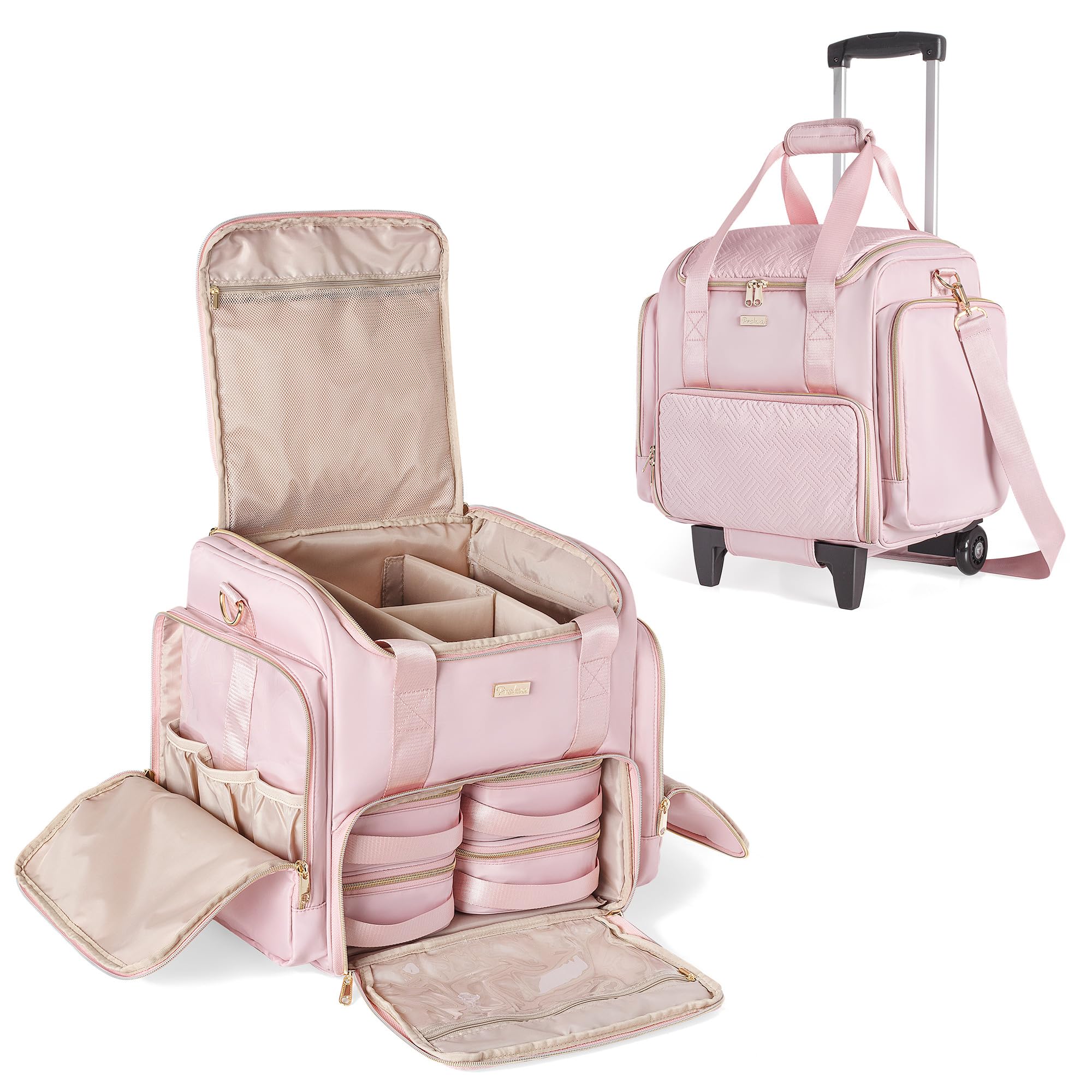 Professional Rolling Makeup Train Case with 4 Removable Bags & Brush Storage - Portable Travel Cosmetic Organizer for Makeup Artists (Pink Patent Design) | Perfect for Salon, Bridal, and On-the-Go Beauty Professionals