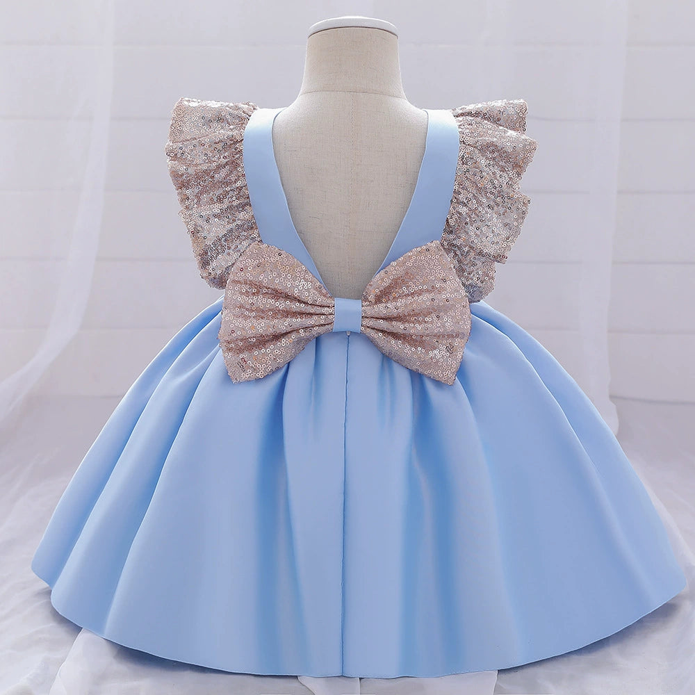 Royal Blue Satin Princess Round Tea Length Flower Girl Dress for Weddings, Parties & Special Occasions
