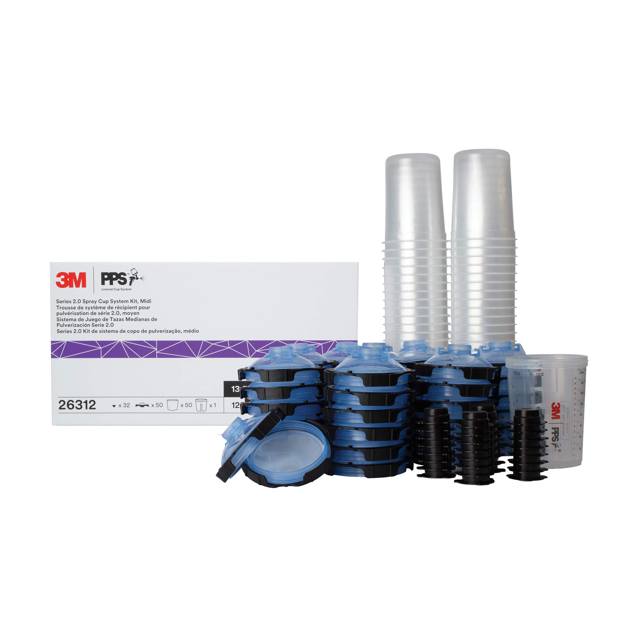 3M PPS 2.0 Spray Gun Cup System Kit with 125-Micron Filter - Includes 1 Paint Cup, 50 Disposable Lids & Liners, 32 Sealing Plugs - 13.5 oz Midi Size (26312) - Perfect for Automotive Painting, Furniture Refinishing & Home DIY Projects