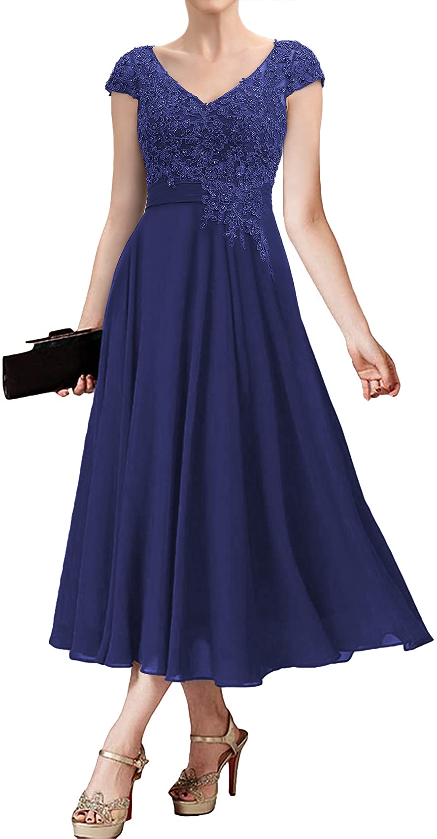 Elegant Chiffon Mother of The Bride Dress - Tea Length Lace Evening Gown for Wedding Guest | Perfect for Formal Events, Cocktail Parties & Special Occasions