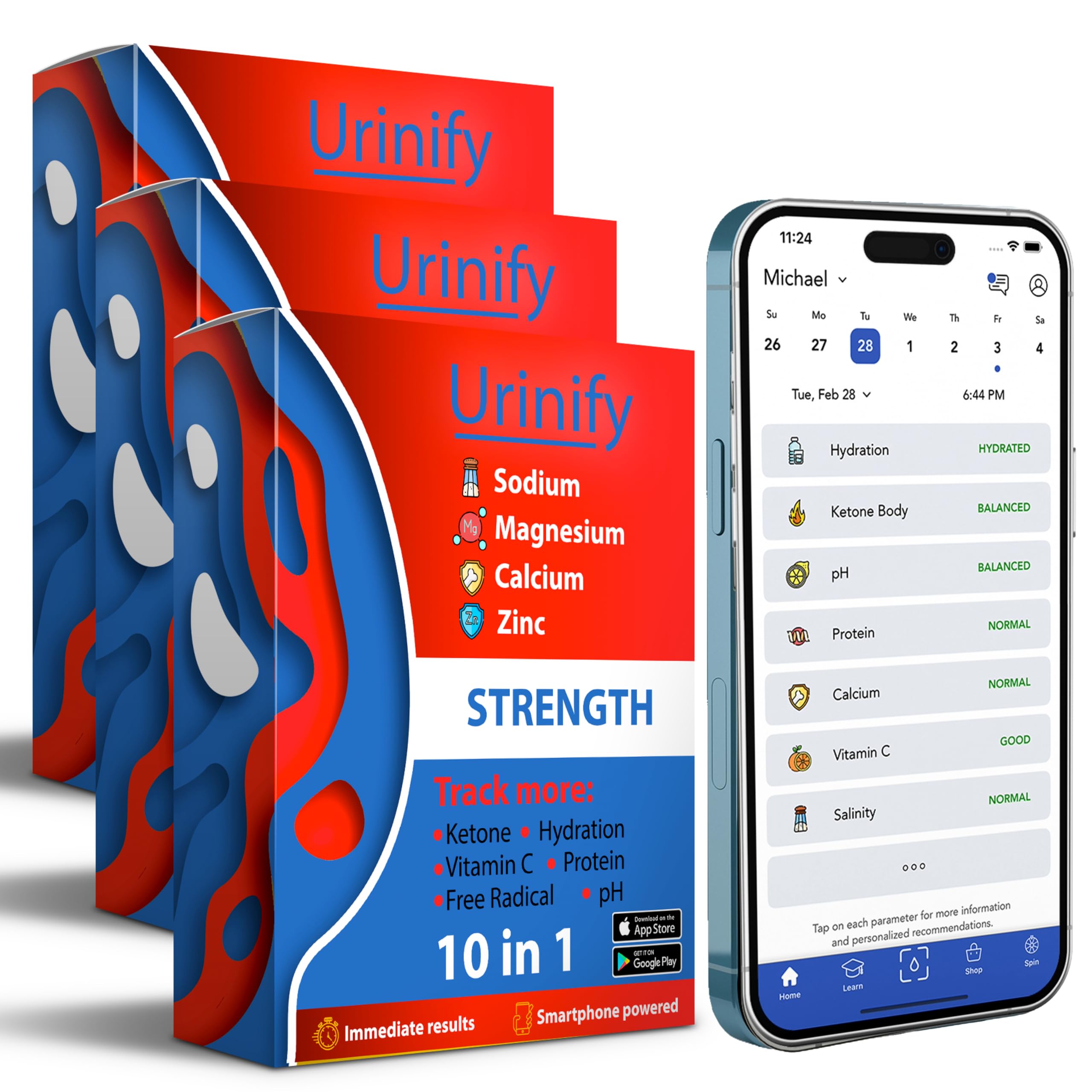 Mobile App Urine Test Strips - Home Health Monitoring Kit for Sodium, Salinity, Magnesium, Calcium, Electrolytes, Hydration, pH, Vitamin C, Protein & Keto - 18 Test Strips with Smartphone Analysis - Perfect for Athletes, Ketogenic Dieters & Health Enthusiasts