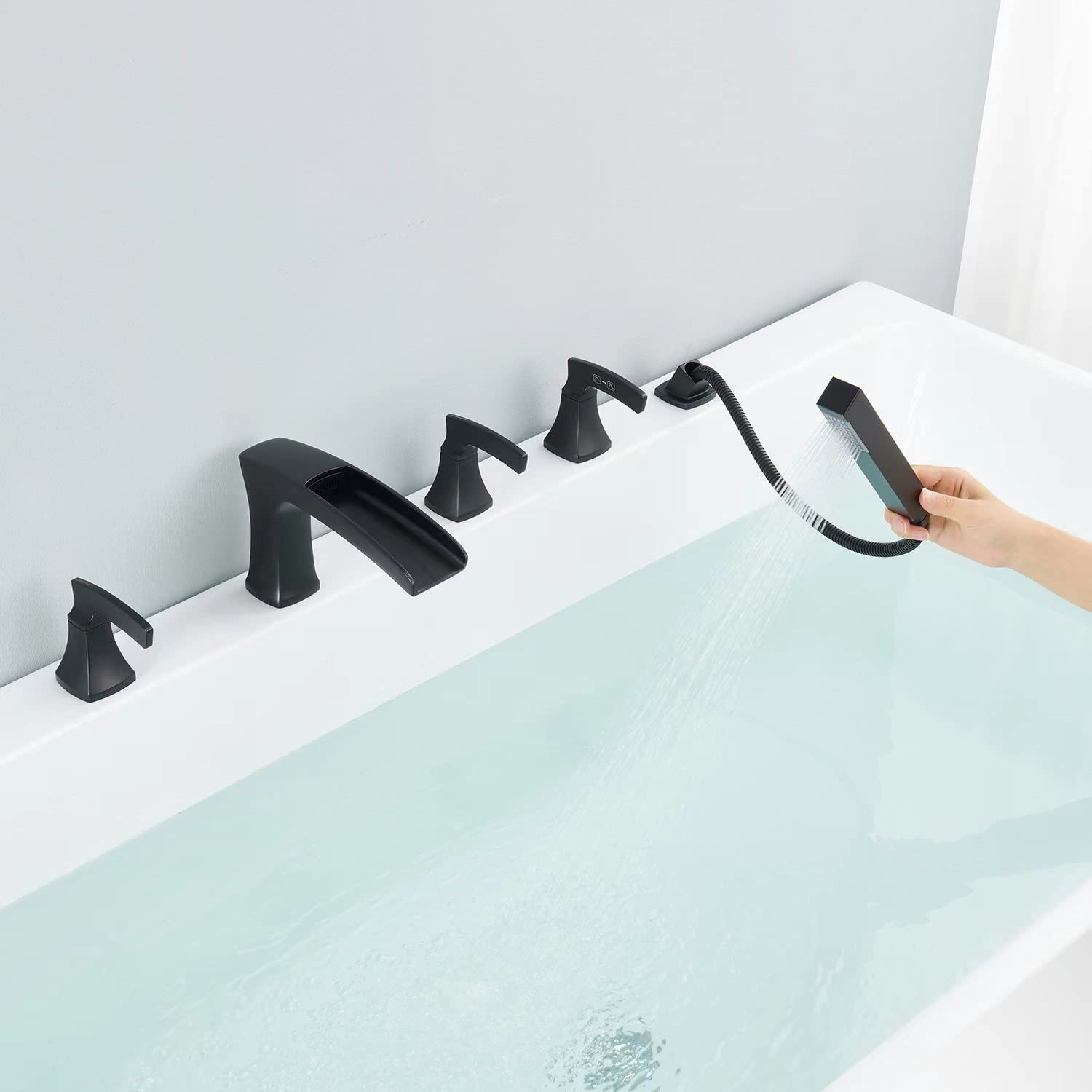 Black Roman Tub Faucet Waterfall Deck Mount Bathtub Filler - 5 Hole Brass Bathroom Faucet with Hand Shower for Luxury Spa Experience | Perfect for Master Bathrooms & Freestanding Tubs