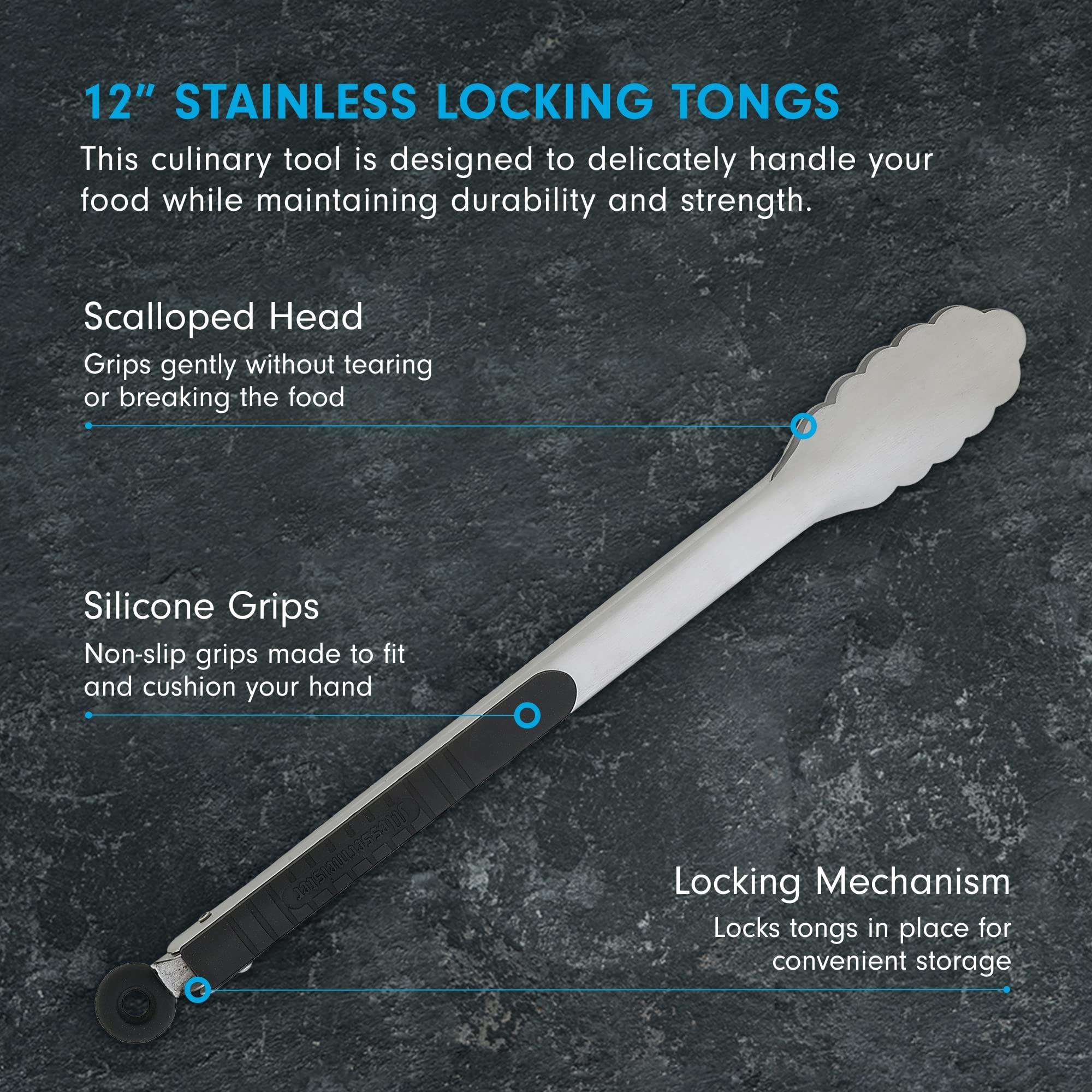 Messermeister 12-Inch Stainless Steel Locking Tongs with Non-Slip Silicone Grip - Dishwasher Safe Kitchen Tongs for Cooking, Grilling, Serving - Perfect for BBQ, Salad, Pasta & Hot Dishes