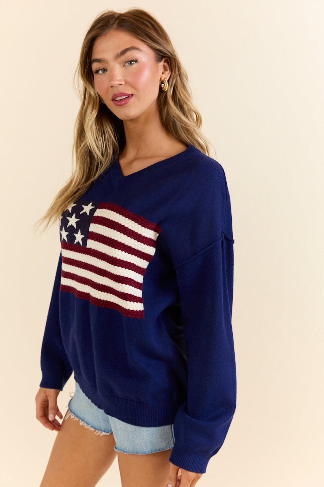 Patriotic Navy V-Neck Textured Flag Sweater for Men & Women - Cozy Pullover for 4th of July, Veterans Day & Casual Wear - Final Sale