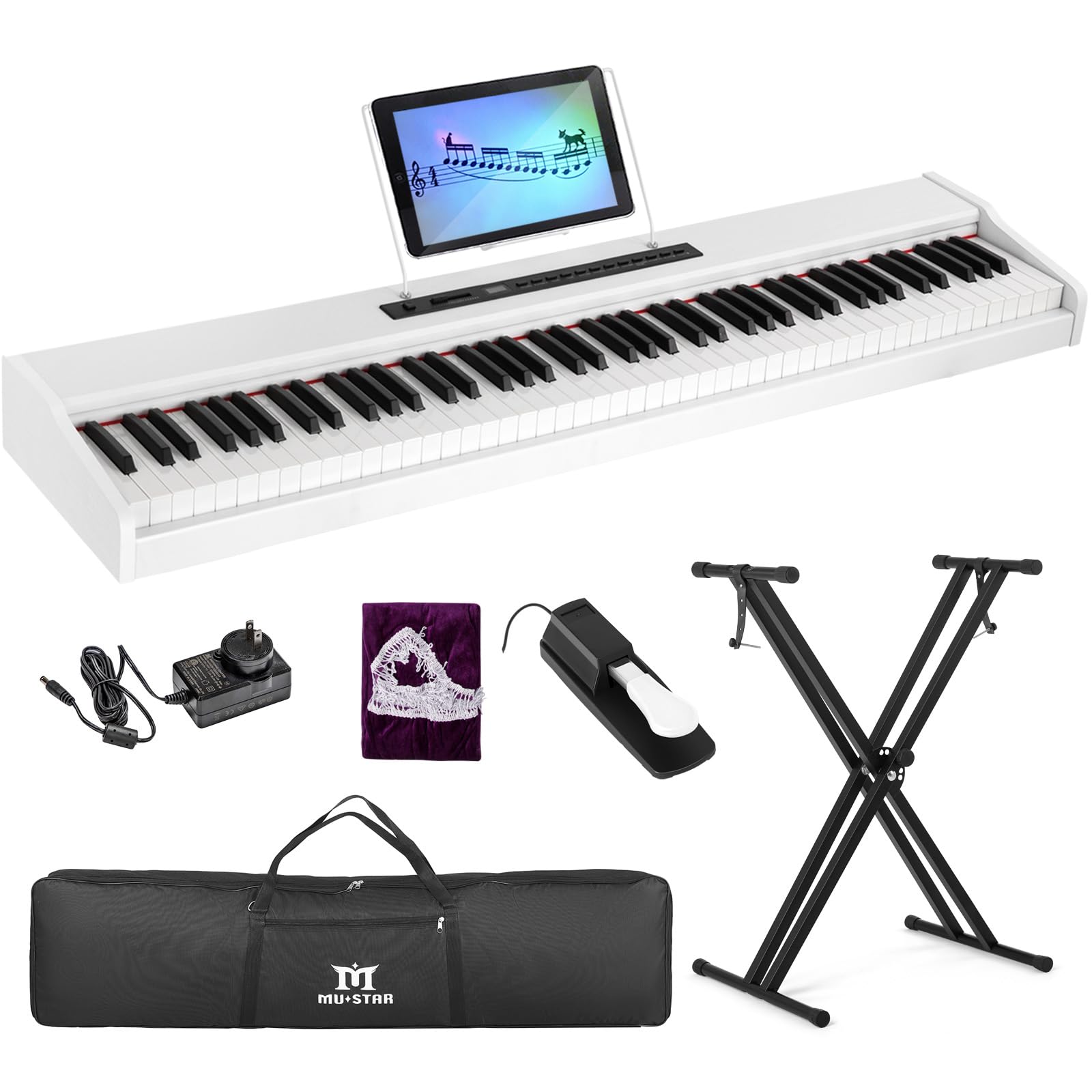MUSTAR 88 Key Semi-Weighted Digital Piano for Beginners - Full Size Electric Keyboard with Stand, Built-in Speakers & Sustain Pedal (White) - Perfect for Home Practice, Music Lessons & Studio Recording