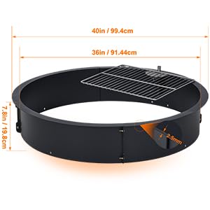 36 Inch Heavy Duty Steel Fire Pit Ring Insert - Outdoor Fire Pit Liner with Cooking Grate for Wood Burning | DIY Camping, Patio, Backyard & Garden Use | Perfect for Roasting Marshmallows, Bonfires & Outdoor Cooking