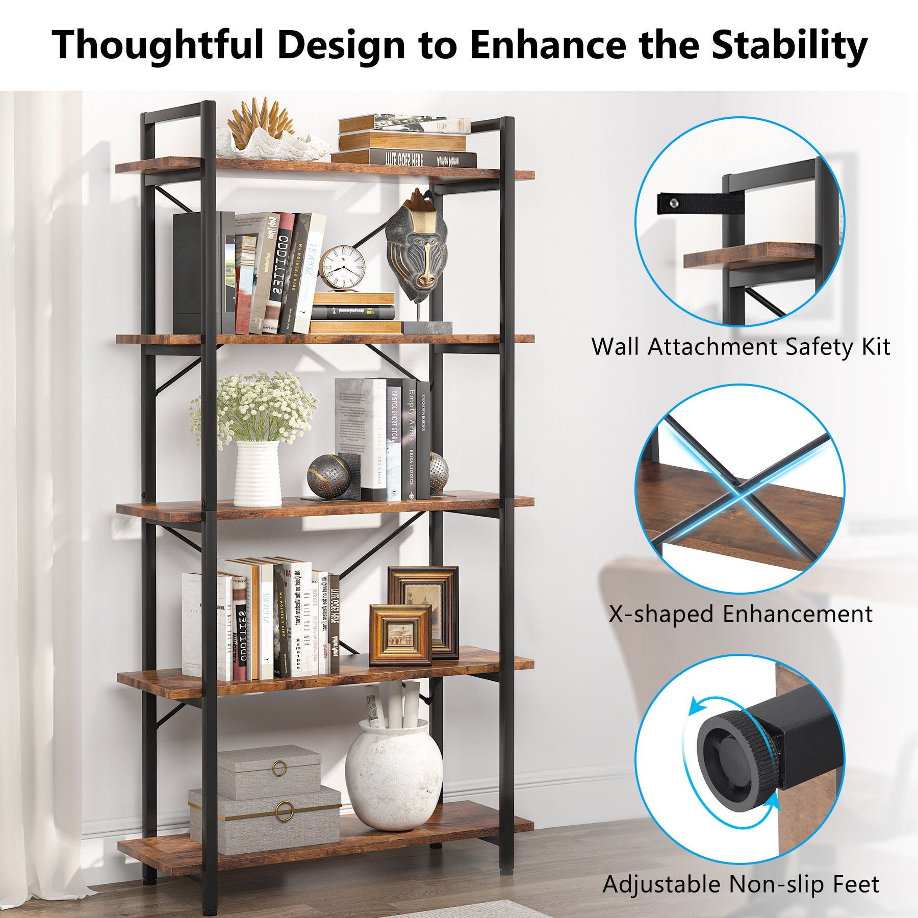 5 Tier Industrial Bookshelf - Brown Wooden Bookcase Display Shelf Unit for Living Room, Office & Home Decor