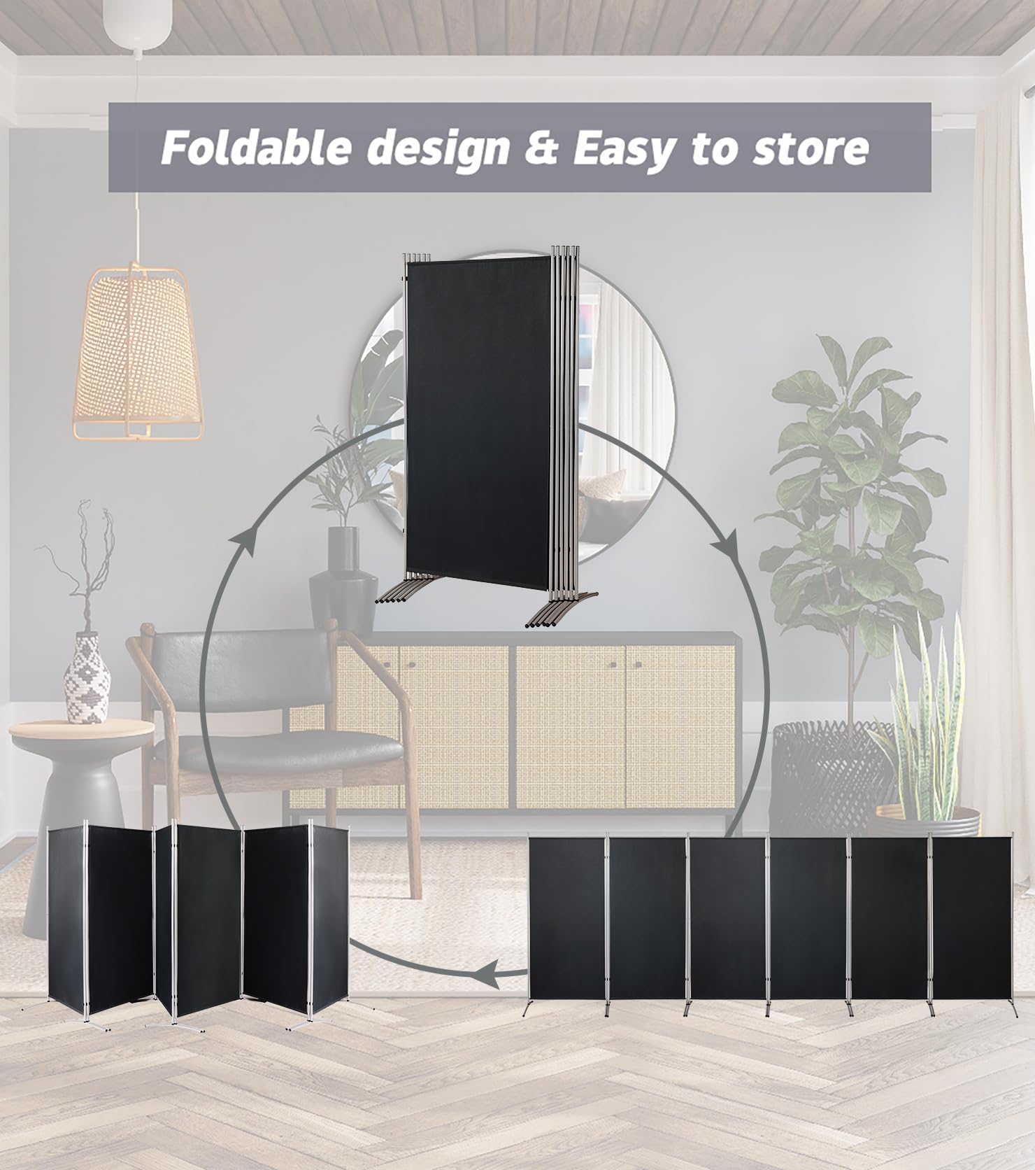 6 FT Tall 6-Panel Woven Room Divider - Double Hinged Freestanding Privacy Screen for Home & Office - Black Folding Partition for Bedroom, Living Room, and Workspace