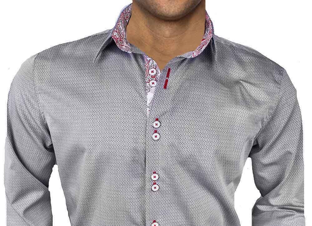 Premium Gray & Red Paisley Pattern Dress Shirts for Men | 100% Cotton Formal Business Attire | Made in USA | Perfect for Office, Weddings & Special Occasions