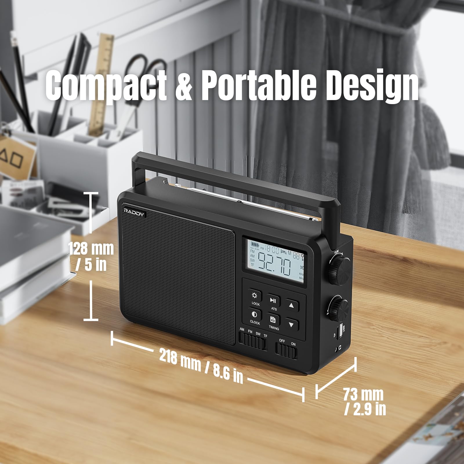 Raddy RF206 Portable Digital AM FM Shortwave Radio with 8W Speaker, LCD Display, Bluetooth, TF Card & USB Playback - Battery/AC Powered for Home, Outdoor, Emergency & Gift Giving