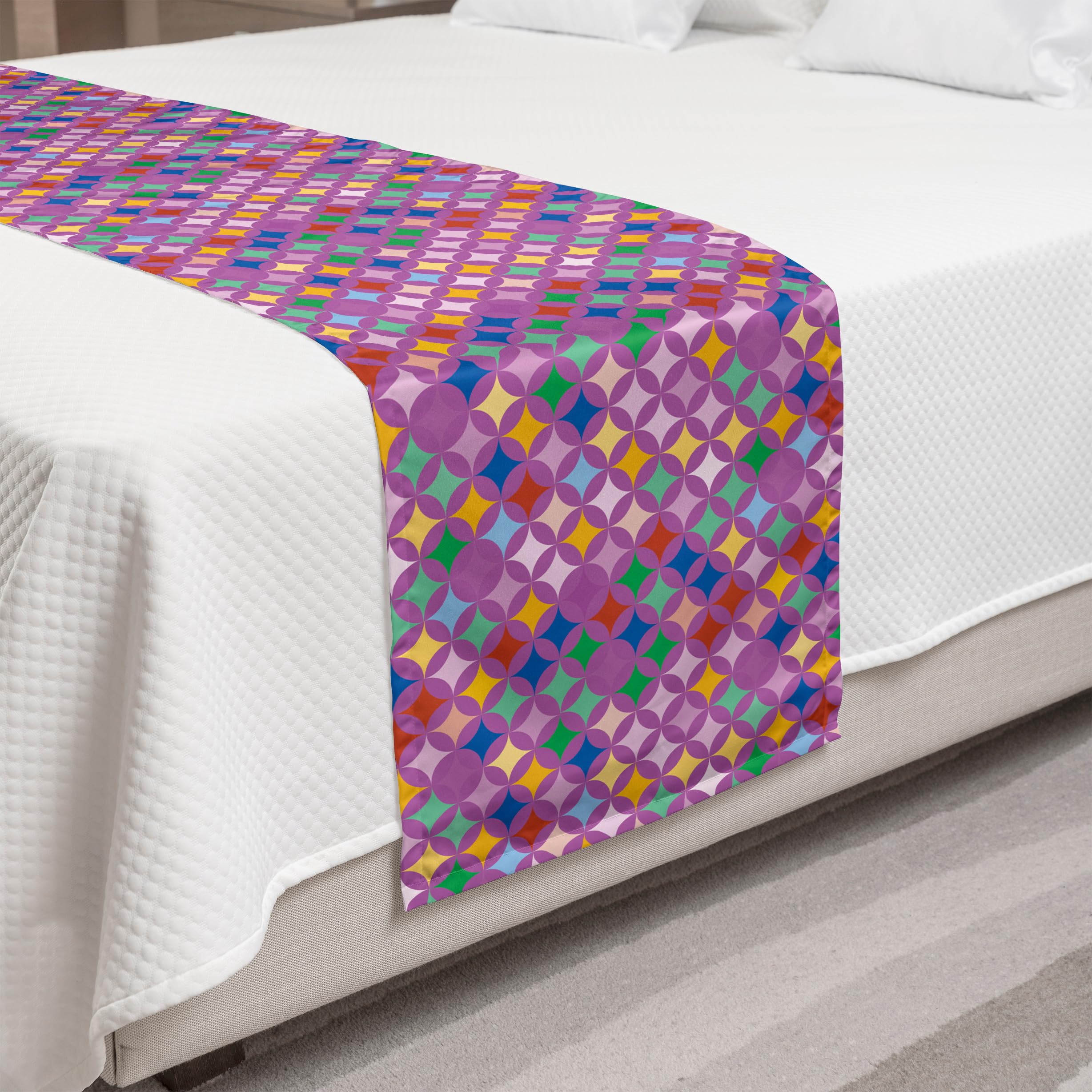 Ambesonne Abstract Bed Runner - Retro Round Pattern with Vibrant Colors, Decorative Bed Scarf for Queen Size Beds | Perfect for Hotels, Homes & Guestrooms | Adds Stylish Accent to Bedroom Decor