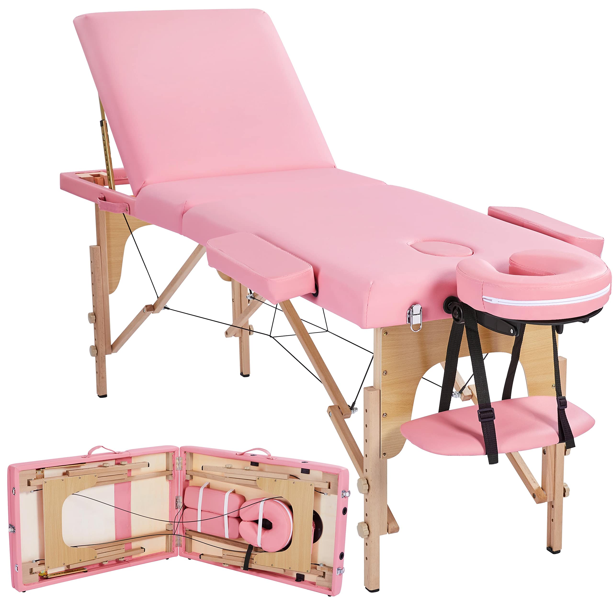 Topeakmart Portable Adjustable Lash & Massage Bed - 3 Folding Salon Table with Face Cradle for Eyelash Extensions, Tattoo & Spa Treatments (Pink) | Perfect for Beauty Salons, Home Use & Professional Therapists