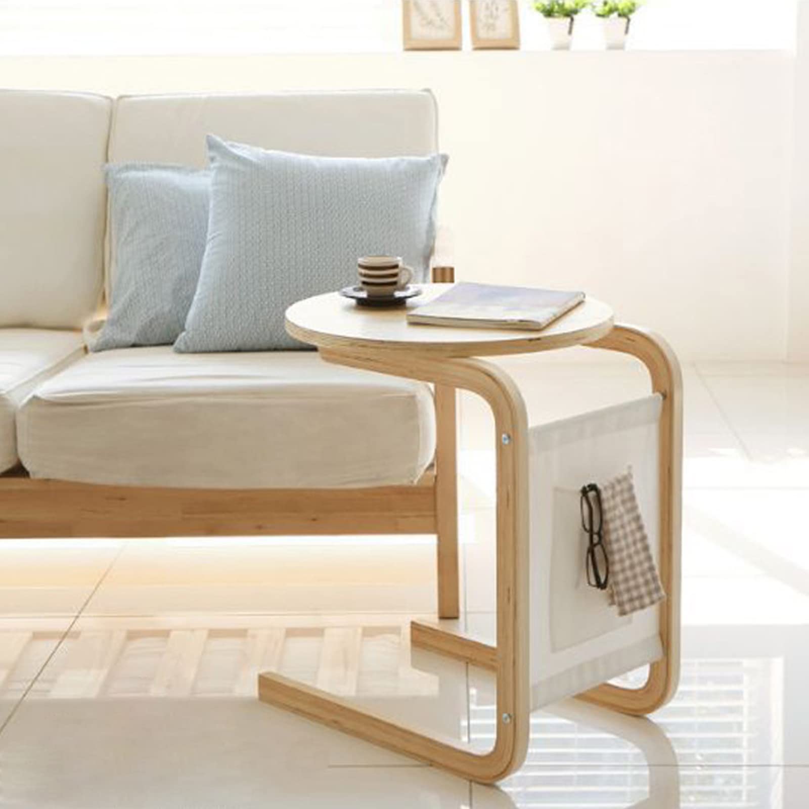 Solid Wood Slide Under Couch Table - Round Bentwood Side Table for Living Room, Sofa & Bedside | Perfect for Eating, Coffee & Snacks on the Couch | Multi-Functional Small Corner Table for Home Decor
