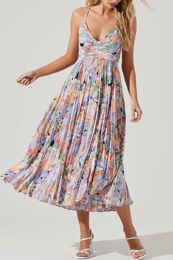 Floral Print Pleated Midi Dress with Back Tie Detail - Perfect for Wedding Parties, Bridal Showers & Summer Events
