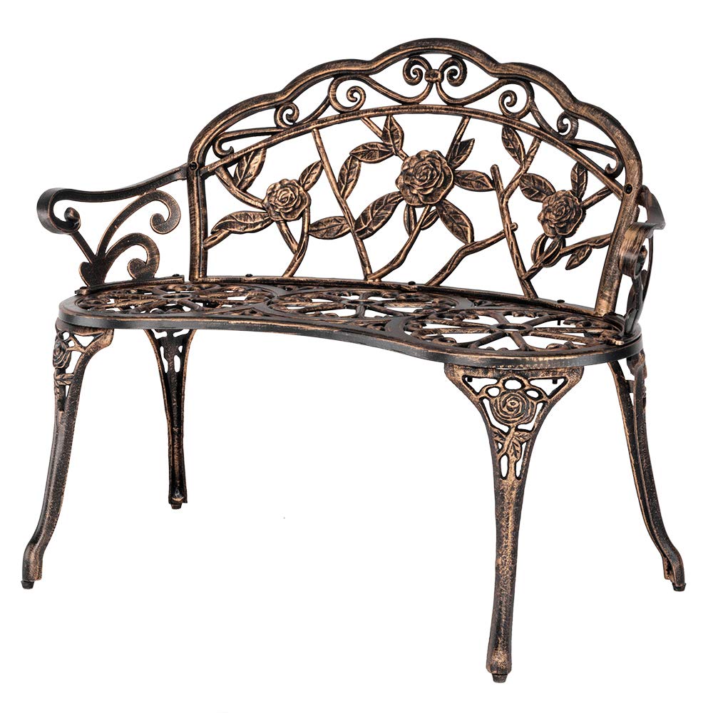 Outdoor Loveseat Bench - Rust-Resistant Aluminum Metal Garden Seating for Patio, Porch, Park, Deck & Lawn with Floral Rose Design (Bronze) - Perfect for Relaxing in Your Backyard or Outdoor Entertaining