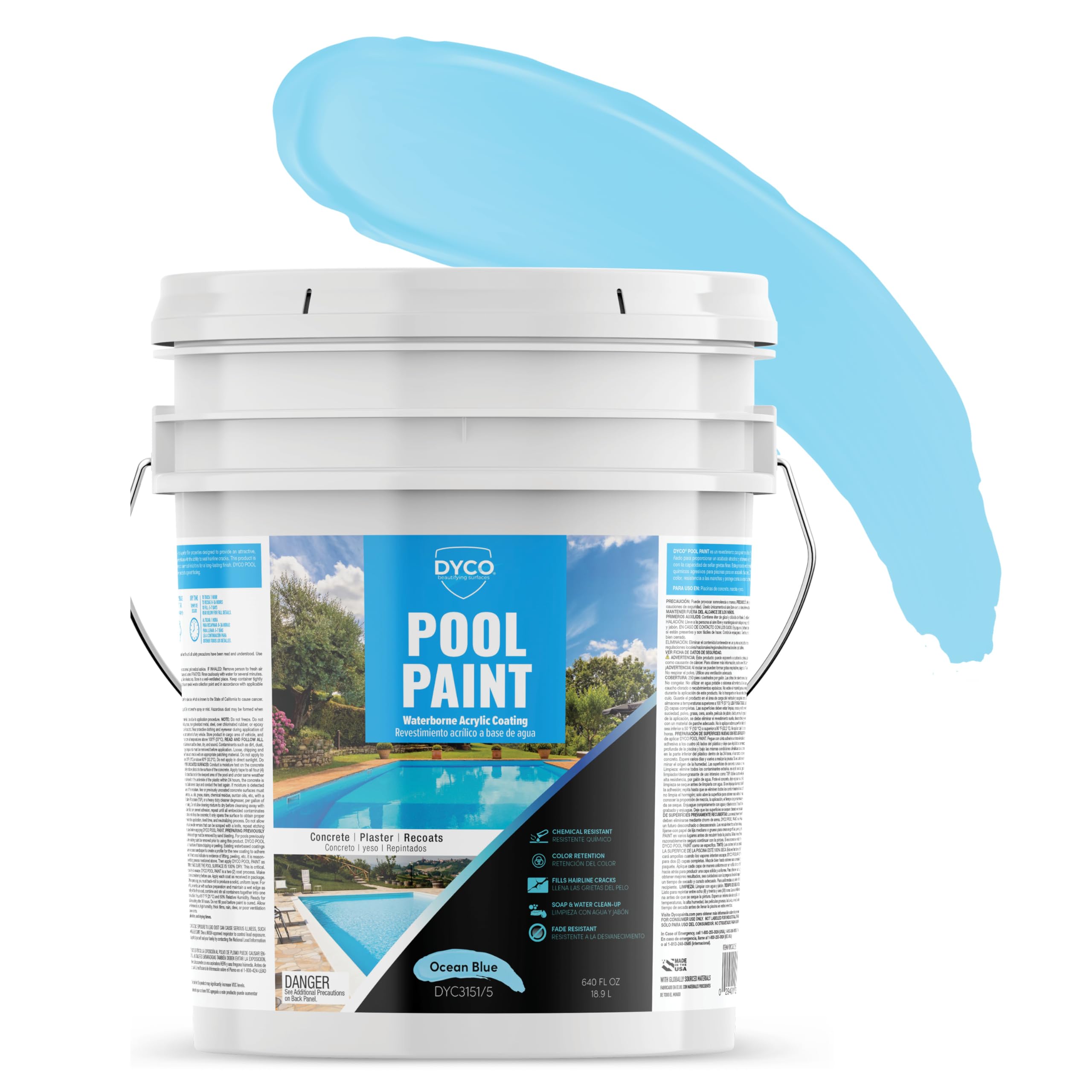 Dyco Waterborne Acrylic Pool Paint - UV, Water, Salt & Chemical Resistant - Prevents Fading & Cracking - Seals Hairline Cracks - Long Lasting 5-8 Years - Ocean Blue (5 Gallon) - Perfect for Inground & Above Ground Pools, Pool Decks & Outdoor Water Features