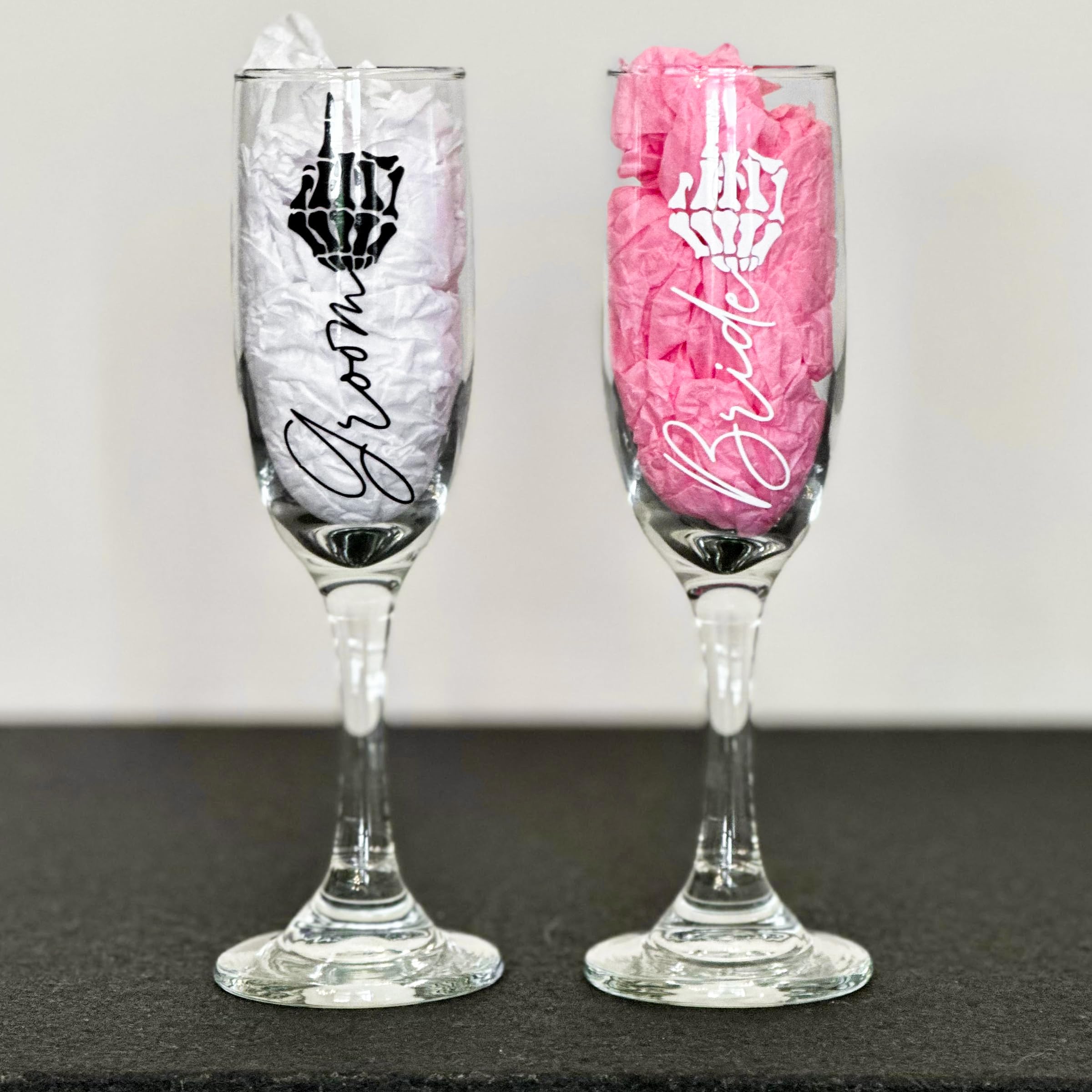 Personalized Skeleton Bride and Groom Champagne Flute Set - Gothic Wedding Glassware for Halloween, Gothic Weddings, and Unique Anniversary Gifts