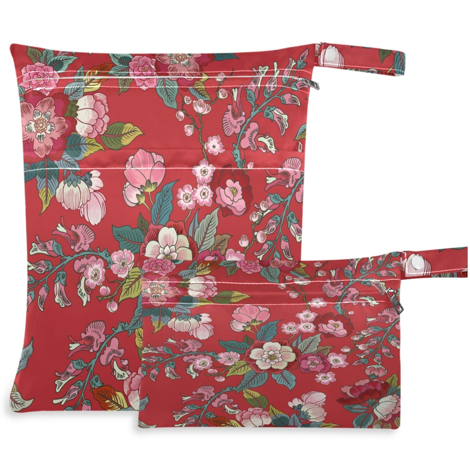 Visesunny 2-Pack Waterproof Wet Bags with Zipper Pockets - Vintage Floral Design Reusable Washable Storage Pouch for Travel, Beach, Pool, Gym & Baby Care - Perfect for Diapers, Swimsuits, Toiletries & Dirty Clothes | Great for Daycare, Stroller & Sports Activities