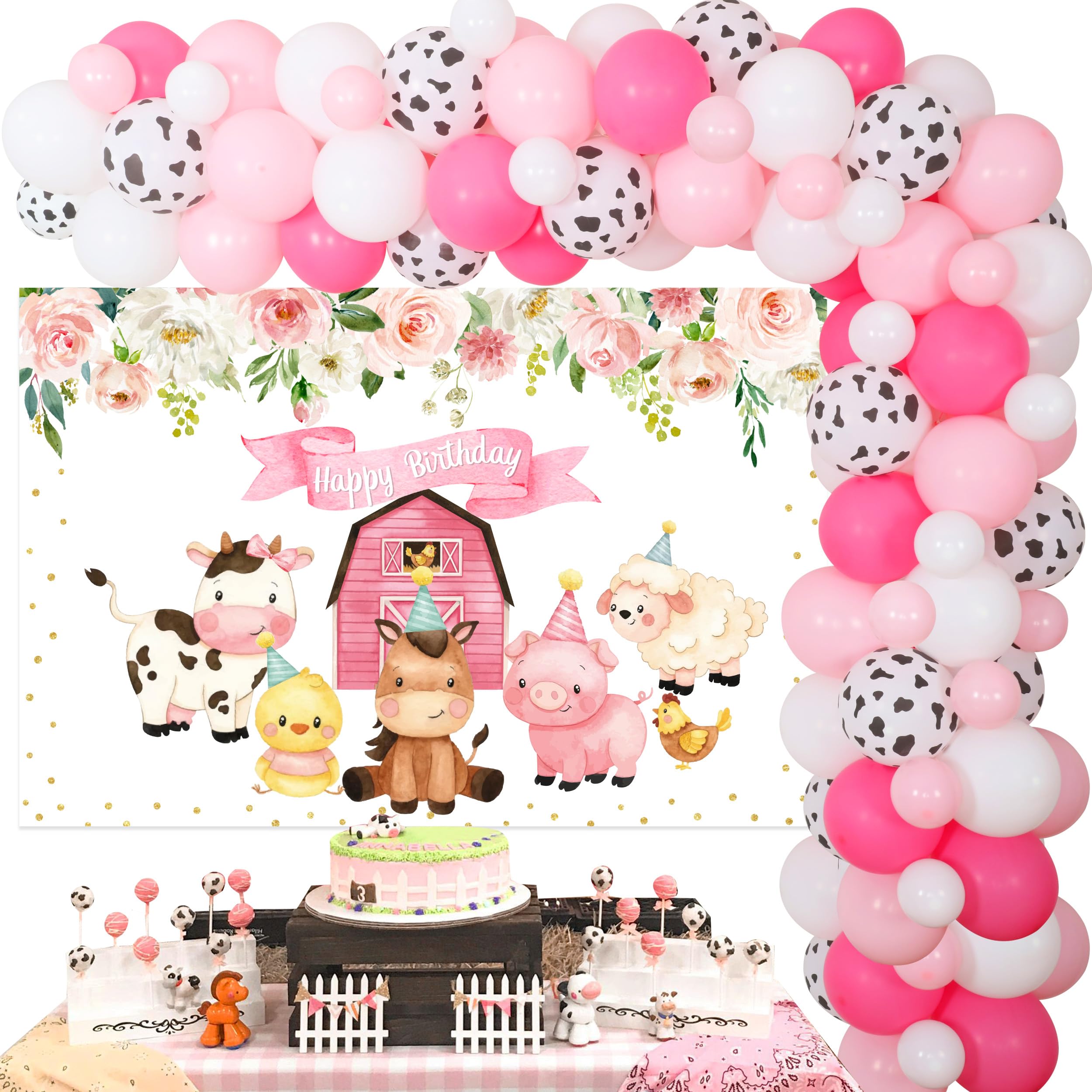Pink Cow Farm Theme Birthday Party Decorations - Pink Barn Backdrop, Cow Head Cutouts & Animal Print Balloons for Girls Birthday, Baby Shower or Farmhouse Party Decor