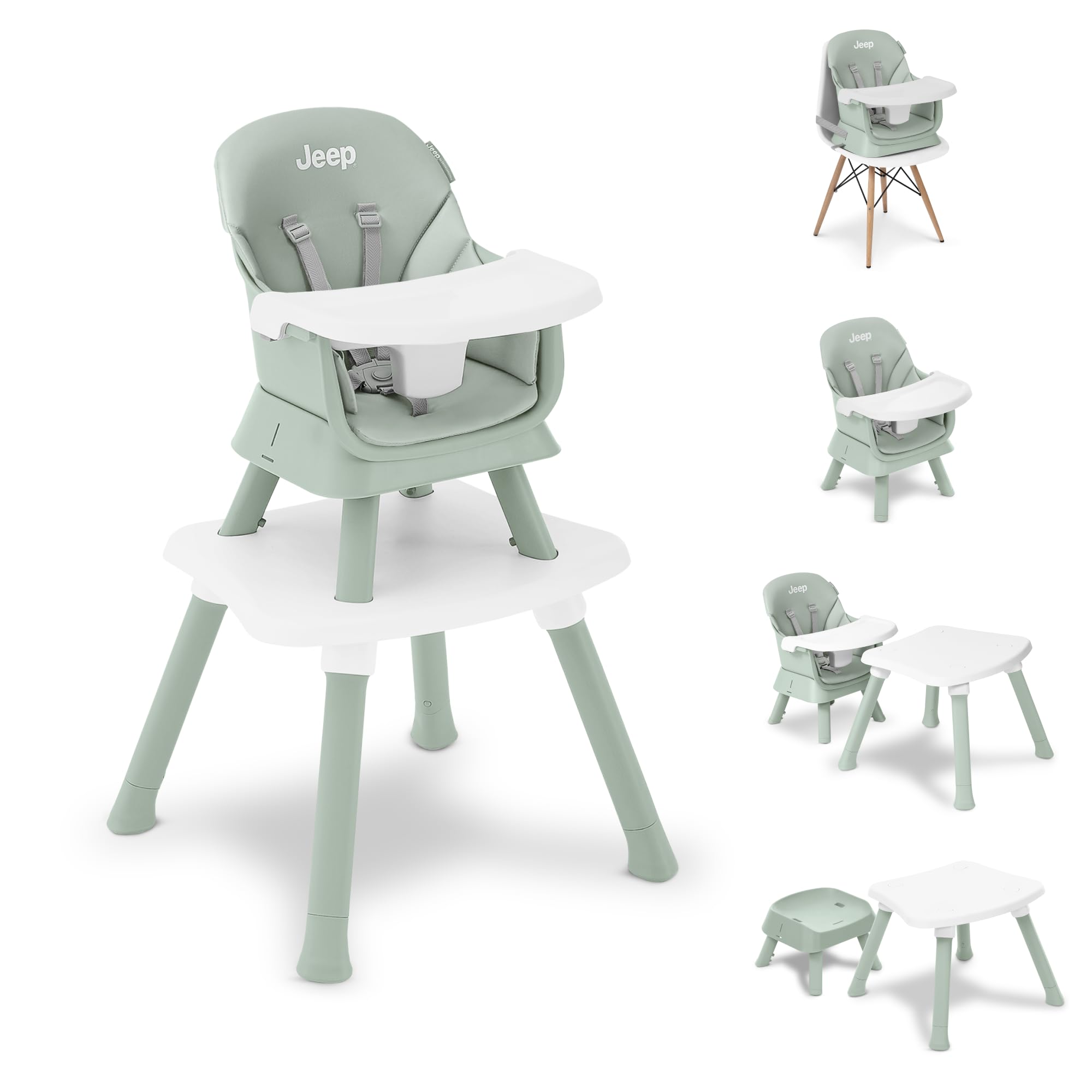 Delta Children Jeep Milestone 6-in-1 Convertible High Chair - Transforms to Stool, Booster Seat, Toddler Chair, Activity Table & Desk Set in Sage Green - Perfect for Dining, Playtime & Learning Activities