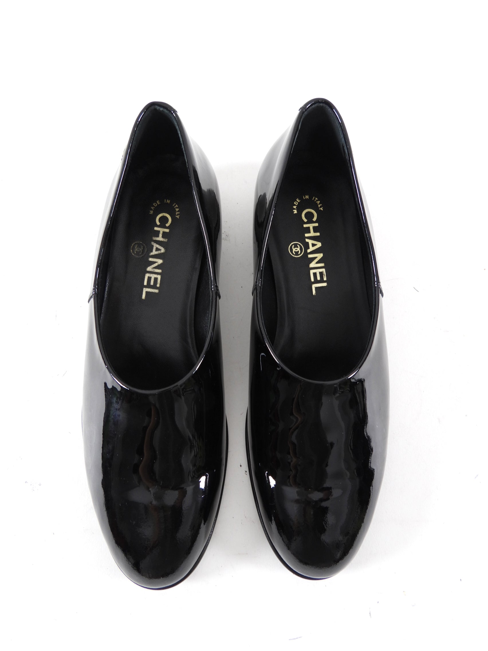 Chanel 25C Black Patent Leather Flat Slip-On Shoes Size 37.5 | Women's Luxury Ballet Flats for Everyday Wear & Office Outfits
