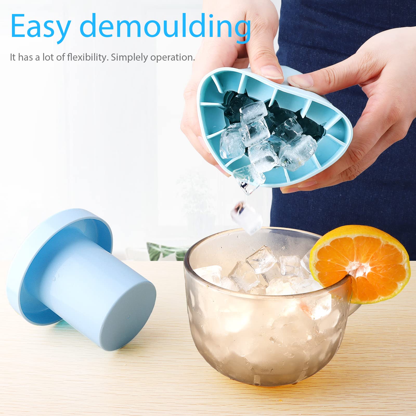 Silicone Ice Cube Tray with Easy Release - Cylinder Ice Molds for Perfect Press-Type Ice Cubes - Blue Ice Maker for Cocktails, Cold Drinks & Home Bar Use