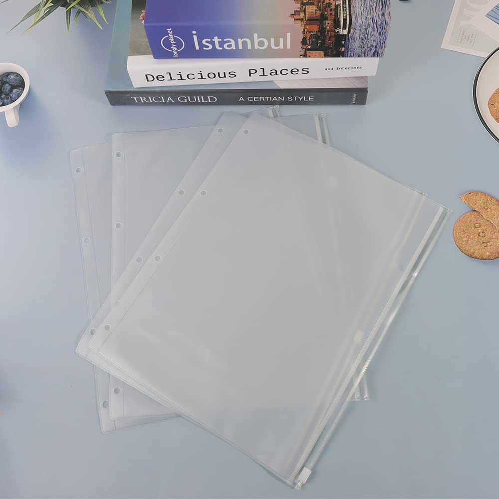 12 Pcs A4 Clear Plastic Zipper Binder Envelopes - Waterproof PVC Pockets for 4-Ring Loose Leaf File Folders, Refillable Planner Covers - Perfect for School, Office & Document Organization