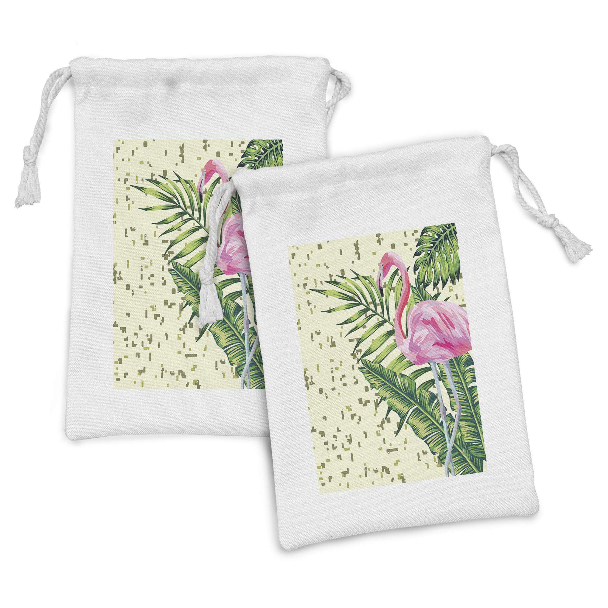 Ambesonne 2-Pack Flamingo Print Fabric Pouches - Tropical Leaves & Geometric Design Small Drawstring Bags (9