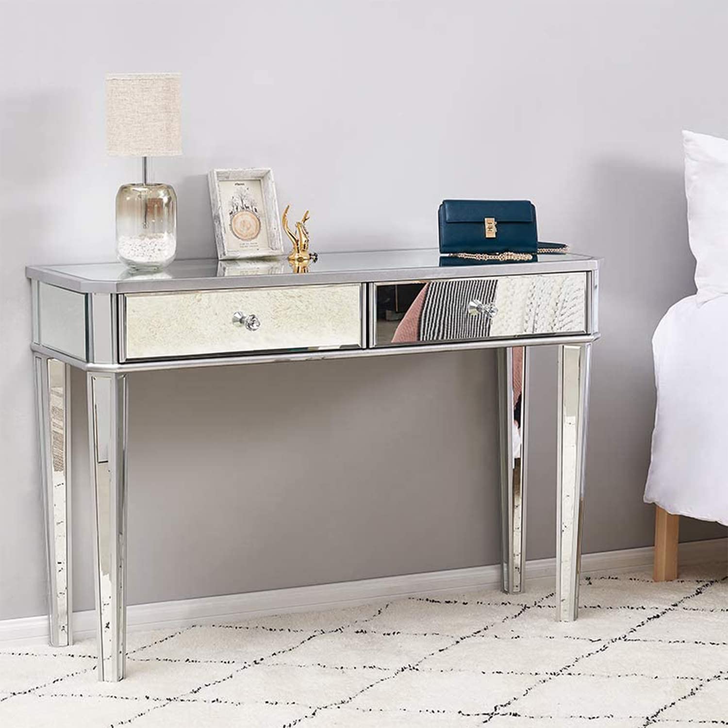 Modern Silver Mirrored Console Table with 2 Drawers - Vanity Makeup Dressing Desk & Writing Media Table for Bedroom, Entryway, Home Office - Perfect for Makeup Application, Home Decor, and Workspace Organization