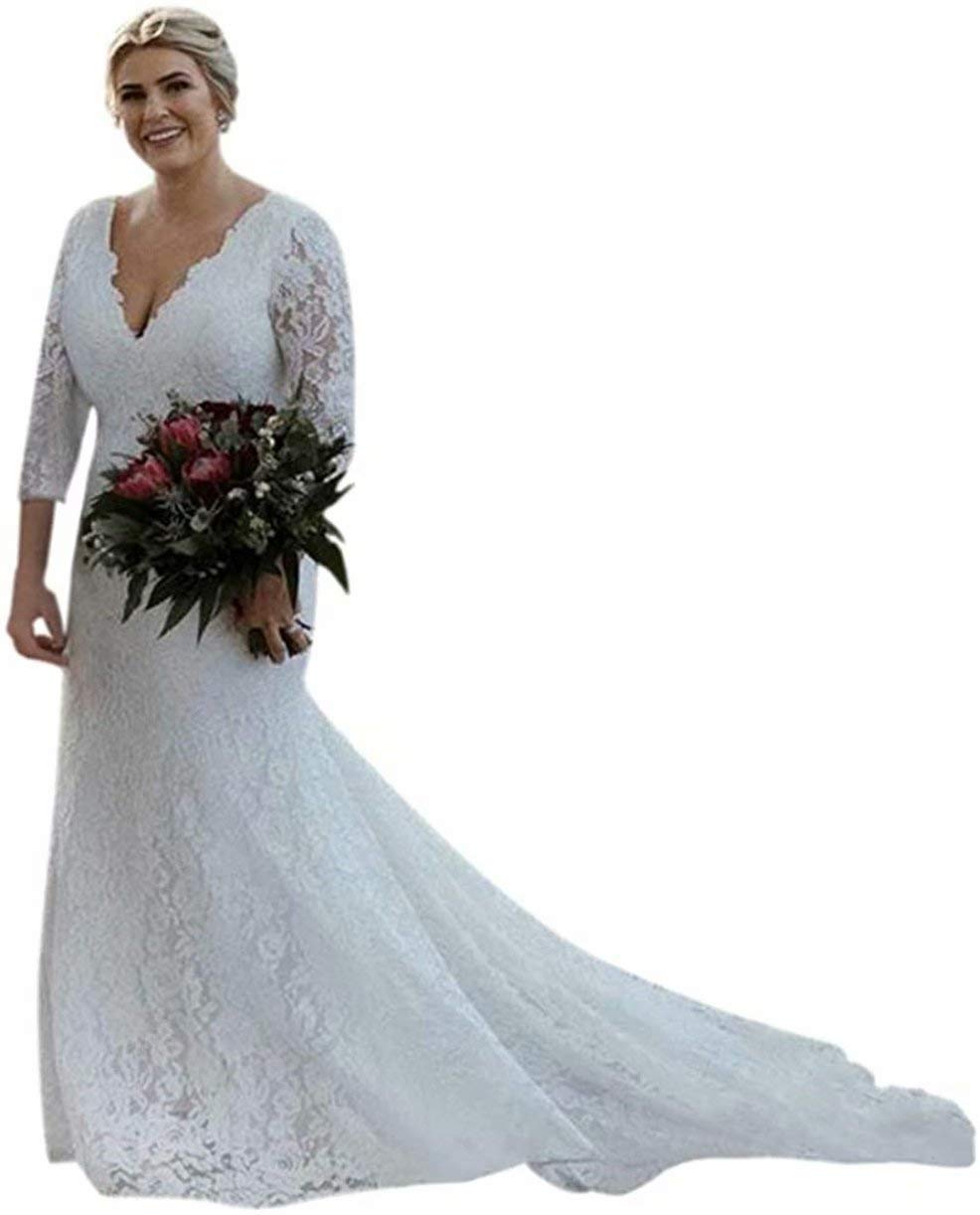 Elegant Mermaid Country Wedding Dress for Women - Long Sleeves V-Neck Lace Bridal Gown for Bride | Perfect for Rustic, Outdoor, and Vintage-Themed Weddings