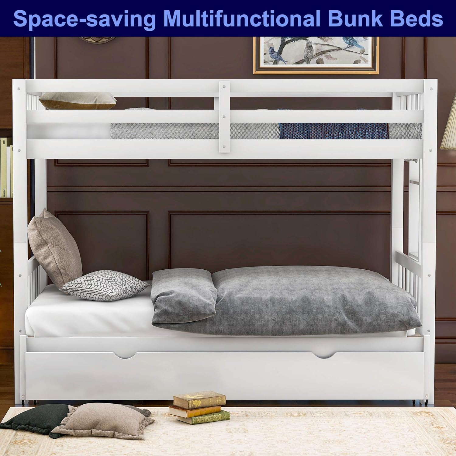 Premium Solid Wood Twin Over Twin Bunk Bed with Pull-Out Trundle - Extendable to Twin Over 2 Twin - Heavy Duty White Wooden Bunkbed for Kids & Teens - Perfect for Small Bedrooms, Guest Rooms & Vacation Homes