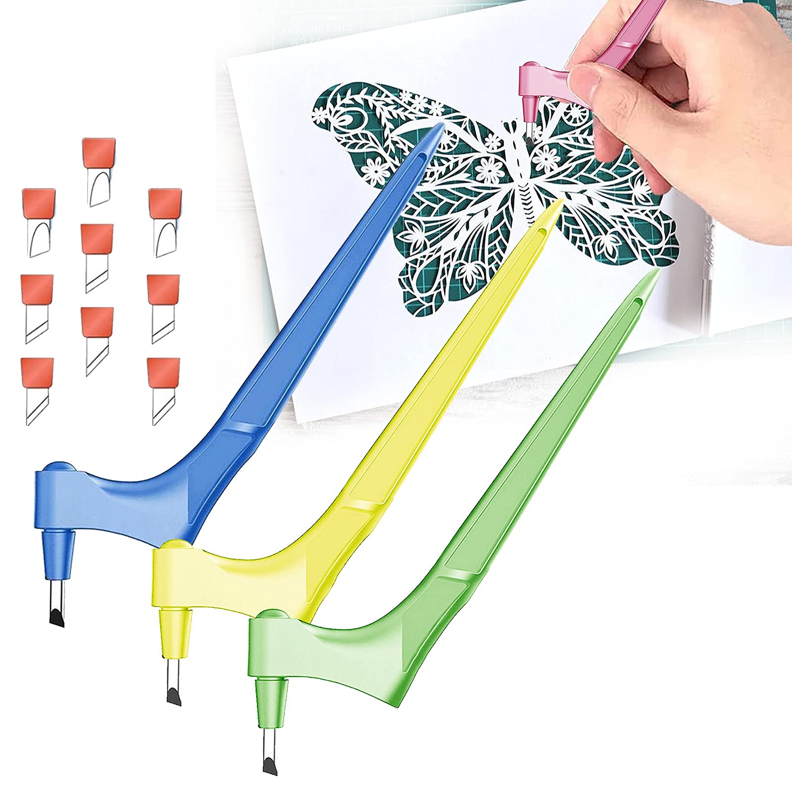 3-Piece 360 Degree Rotating Craft Knife Set - Stainless Steel Swivel Blade Multifunctional Cutting Tool for Scrapbooking, Stenciling & DIY Crafts (Green, Yellow, Light Blue) - Perfect for Paper Cutting, Card Making & Craft Projects