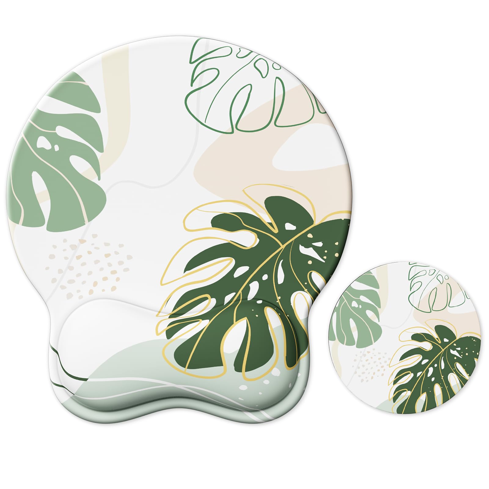 Ergonomic Mouse Pad with Wrist Rest for Comfortable Typing & Office Work - 2-in-1 Desk Mouse Pad Set with Coaster - Green Plant Design for Computer, Gaming & Home Office Use