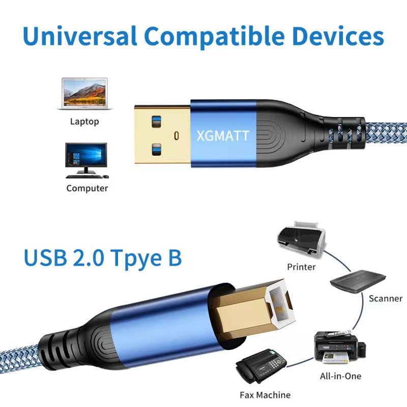 XGMATT 4.5M USB 2.0 Printer Cable A Male to B Male - High Speed Braided Nylon Scanner Cord for HP, Dell, Canon, Lexmark, Xerox, Brother, Samsung Printers - Perfect for Home Office, Small Business & Commercial Printing (Blue)