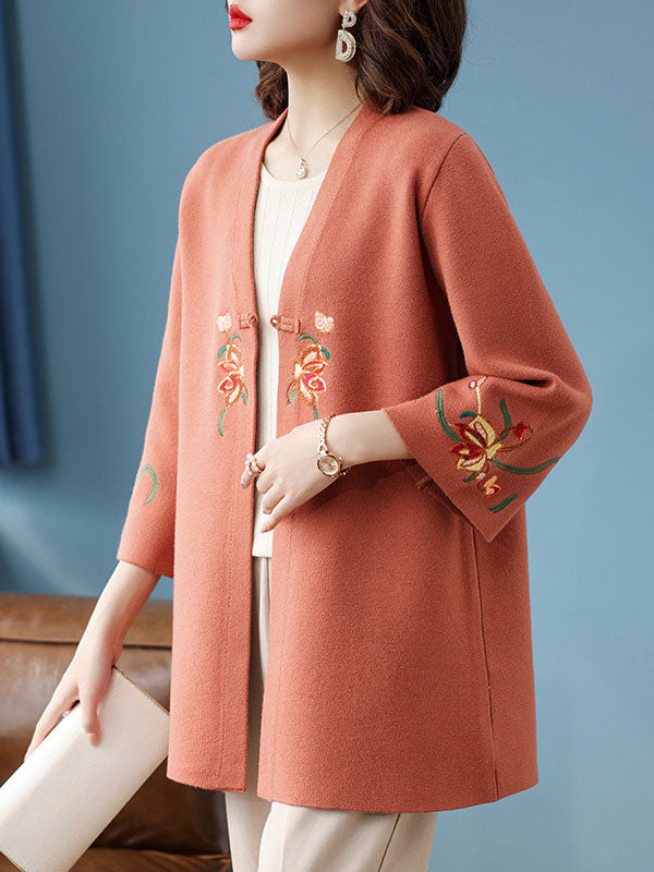 Embroidered Floral Women's Knit Cardigan Jacket for Mothers - Cozy Lightweight Sweater for Casual Wear, Spring & Fall Layering
