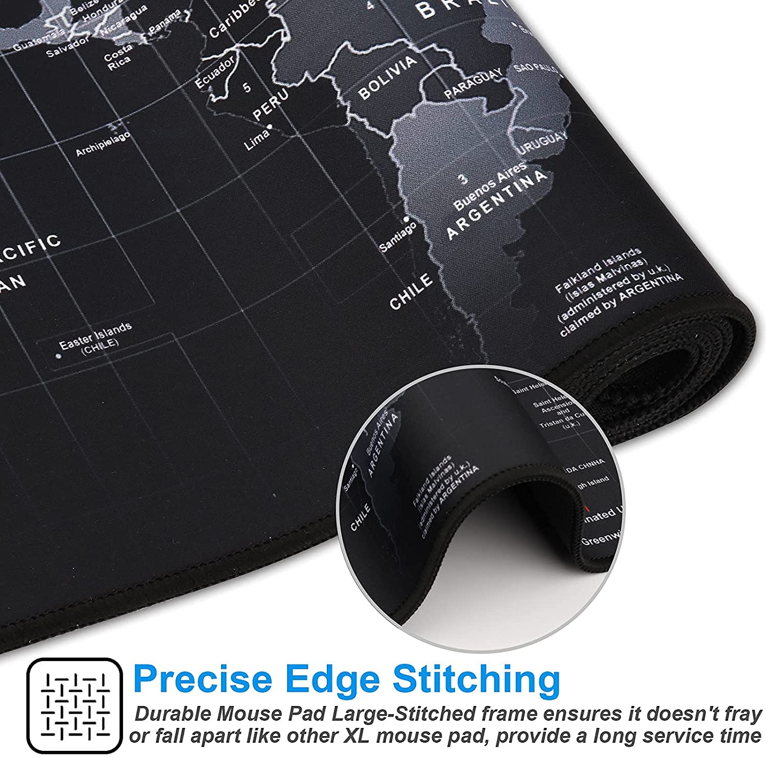 KINEEPLE XXL Large Gaming Mouse Pad - 27.5x11.8 Inch Waterproof Non-Slip Desk Mat with Stitched Edges | Extended Keyboard Mousepad for PC, Laptop, Office & Home Use | World Map Design in Black
