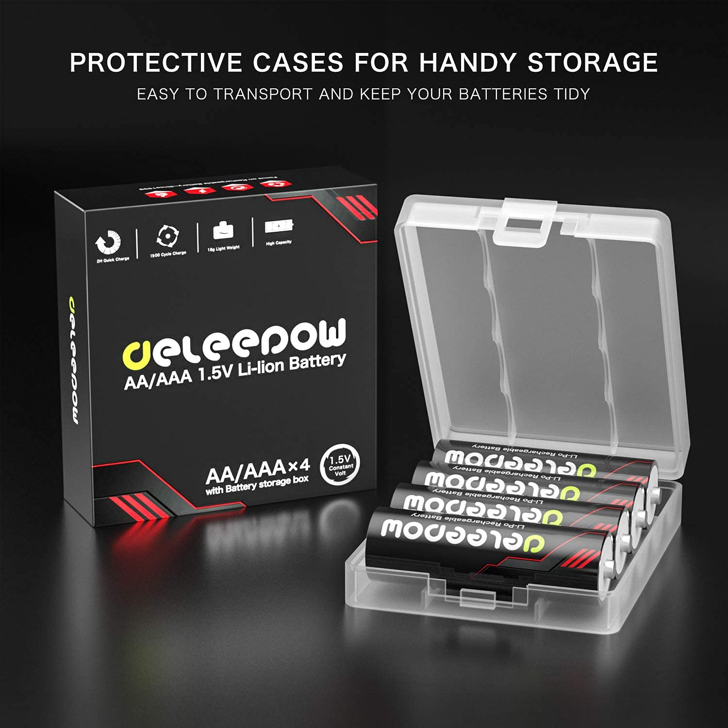Deleepow Rechargeable AA Lithium Batteries 1.5V 3400mWh - 4 Pack with 1500 Cycles - Long Lasting Power for Cameras, Flashlights, Toys & Electronics
